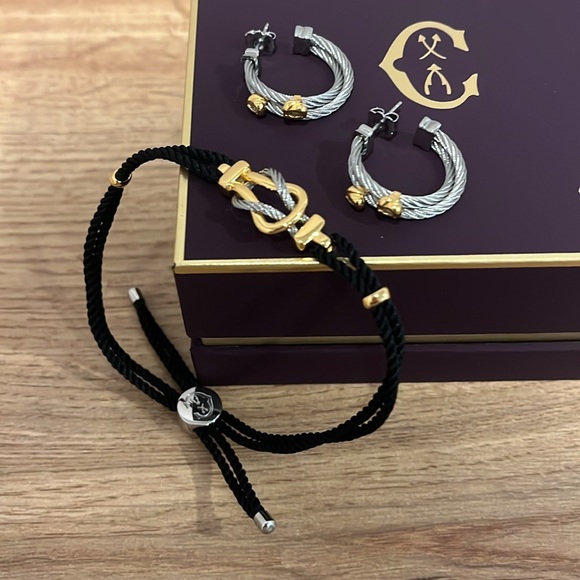 Charriol Gold/Silver Hoop Earrings & Two-Tone Black Adjustable Cord Bracelet Set - Picture 1 of 11